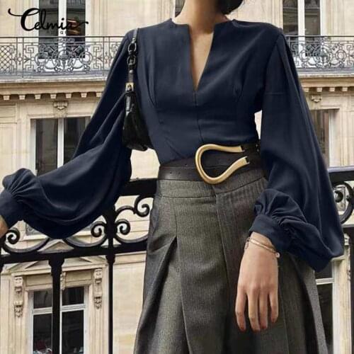 Women Elegant Office Lady Shirts Celmia 2021 Fashion Lantern Sleeve Sheath Blouses Spring Sexy V-neck Solid Color Pleated Tops