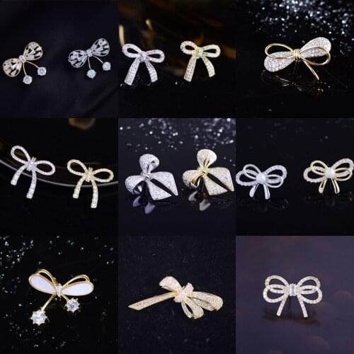 New Lovely Small Bow-knot Cubic Zirconia Brooches for Women Gold Silver Color Bow Lapel Pins with Pearl Dress Hat Summer Jewelry