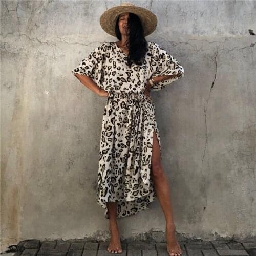 Womens Swimsuits Cover Up Pareo Beach Dress Tunic Saida De Praia Feminino 2021 Swimwear Coverup Large Size Leopard Print Belt