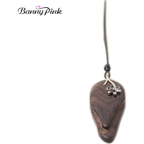 Banny Pink Ethnic Ebony Wooden Alloy Flower Mixed Pendant Necklace For Women New Big Wood Long Necklace Fashion Jewelry Collier