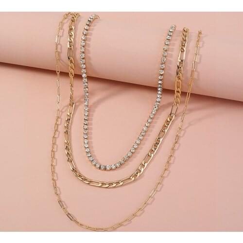 Minar Hip Hop Rock Shiny Rhinestone Choker Necklace for Women Multi-Layers Gold Color Linked Chains Necklaces Punk Jewellery