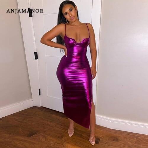 ANJAMANOR Sexy Birthday Party Night Clubwear Evening Dresses for Women 2021 Low-cut Backless Split Bodycon Maxi Dress D96-BE17
