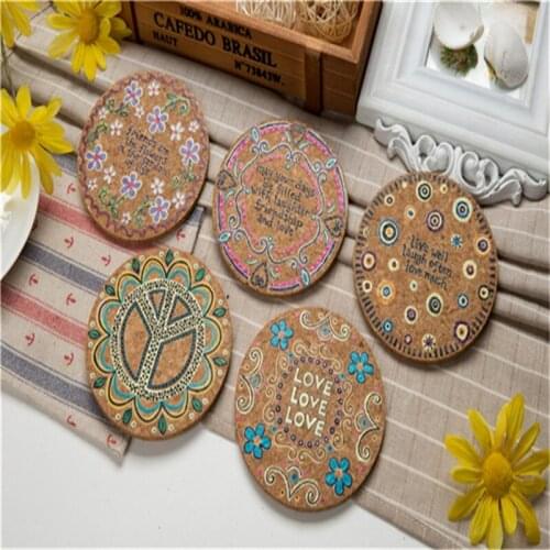 4Pcs Flower Natural Cork Round Cup Mat Drink Coasters Heat Insulation Patterned Pot Holder Mats for Coffee Table Tabletop