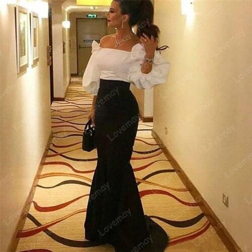 Satin Evening Dresses Mermaid Black White Satin Off-Shoulder Formal Prom Party Gowns Three Quarter Vestidos De Fiesta