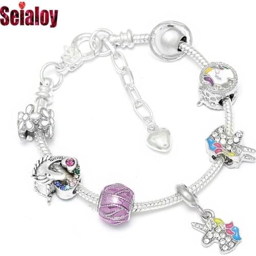 SEIALOY Unicorn Charm Bracelets For Women Men Original Planet Daisies Intertwined Love Unicorns Beaded Bracelet Bangle