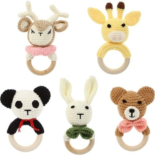 DIY Crochet Animal Rattle Baby Wooden Teether Ring Infant Teething Nursing Soother Play Gym Educational Toy for Newborn Shower