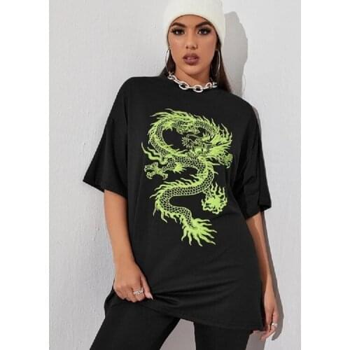 Green Dragon Female T-shirt Dragon Print on Clothes Top Oversize T-shirt Summer 2021 Short Sleeve Harajuku Women T-shirt