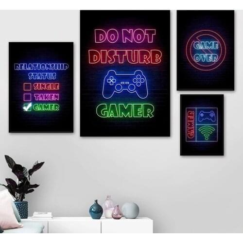 Gamer Symbol Neon Light Gamepad Game Canvas Painting Quote Poster Print Wall Art Pictures Joystick Boy Play Room Home Decor