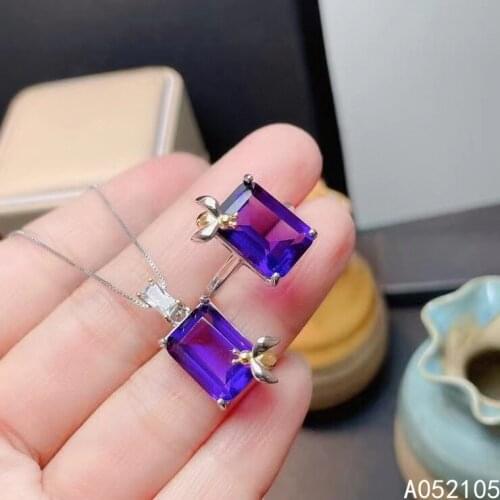 KJJEAXCMY Fine Jewelry 925 Sterling Silver Inlaid Amethyst Women Simple Fashion Square Lnsect Gem Pendant Ring Set Support Detec