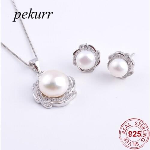 Pekurr 925 Sterling Silver Whirl Zircon Lace Freshwater Natural Pearl Earrings Necklace Sets For Women Flower Pendants Jewelry