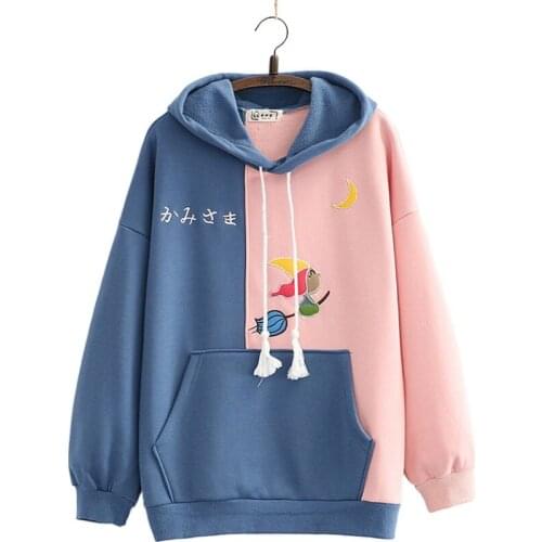 Korean Style Hit Color Fleece Thick Hooded Sweatshirts Student Hoodies Cute Cartoon Embroidery Loose Kawaii Pullover 2011122