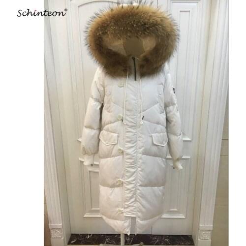 Schinteon Unisex Warm Duck Down Jacket with 100% Real Big Raccoon Fur Hood Loose Winter Outwear Garment