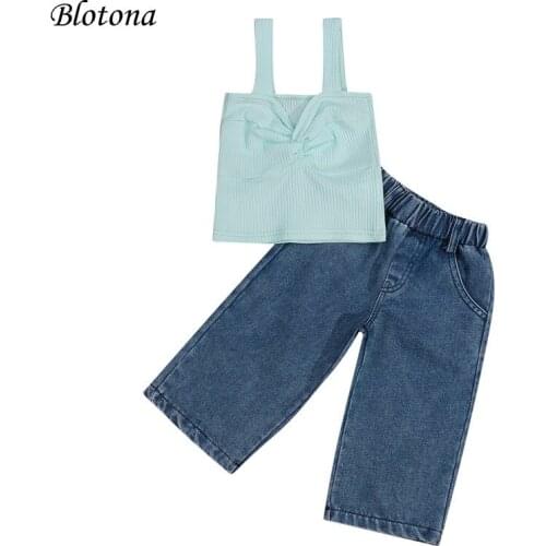 Blotona 2Pcs Toddler Summer Outfits, Girls Solid Color Twist Knot V-neck Tank Top +Straight Wide-Leg Jeans with Pockets 2-7Years