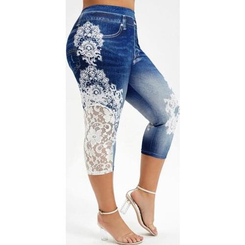 Fashion Women Plus Size Leggins Lace Printing Splice Elastic High Waist Casual Yoga Pant Pants Skinny Stretchy Pants Leggins