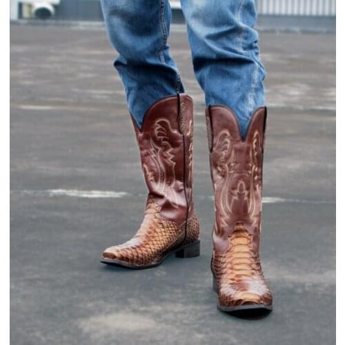Mens Fashion Embroidery Square Toe Mid-Calf Boots Crocodile Pattern Cowboy Shoes