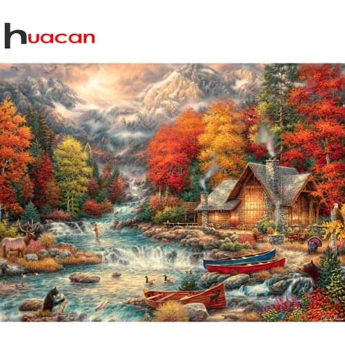 Huacan Diamond Painting Kit Natural River Scenery Mosaic Autumn Forest Landscape Embroidery Home Decor