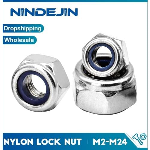 NINDEJIN Nylon Lock Nut Stainless Steel Hex Hexagon Locking Nut M2 M2.5 M3 M4 M5 M6 M8 M10 M12 M14 M16 M20 M24 Locknut DIN985