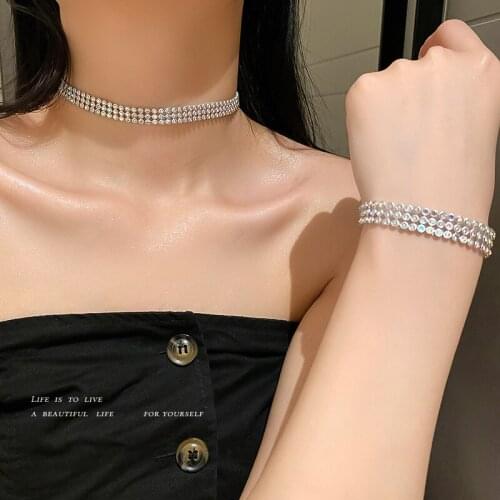 2021 NEW Crystal Rhinestone Bracelet and Necklace Set Women Wedding Accessories Silver Color Chain Punk Gothic Chokers Jewelry