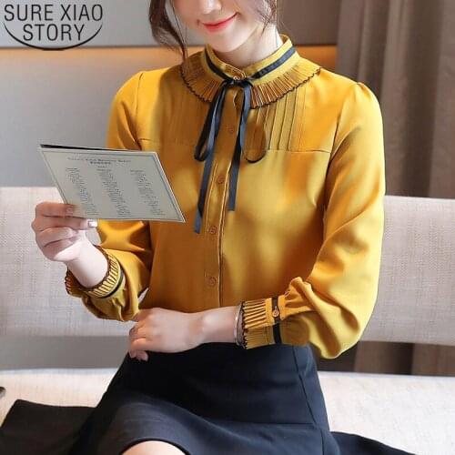 Solid Bow Chiffon Blouse Elegant Fashion Yellow Chiffon Shirt Women Autumn 2021 New Stand Collar Long Sleeve Cardigan Tops 11548