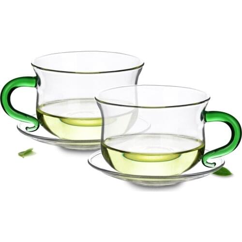 Lots Tea Set-1x 140ml Green Handle Heat-Resisting Glass Tea Cup+1x Saucer 90mm