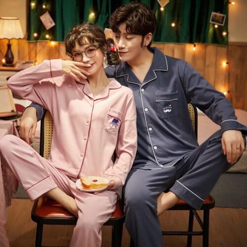 Couples Pajamas Set Women Cute Pink Long Sleeve Trousers Cotton Homewear Men Winter Cardigan Sleepwear Cartoon Couple Pajamas