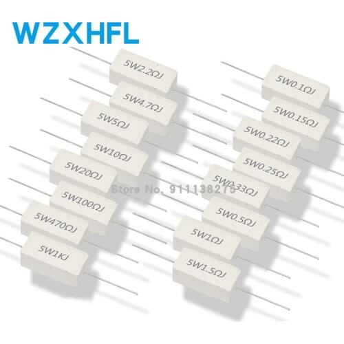 10pcs 5W 5% Cement Resistor Power Resistance 0.1 ~ 10K 0.1R 0.5R 1R 10R 100R 0.22 0.33 0.5 1 2 5 8 10 15 20 25 30 100 1K 10K ohm