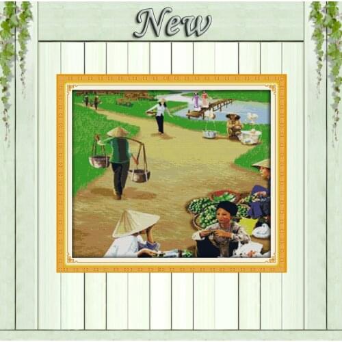 Market Vietnam Folk customs scenery decor painting counted print on canvas DMC 11CT Cross Stitch Needlework Sets Embroidery kits