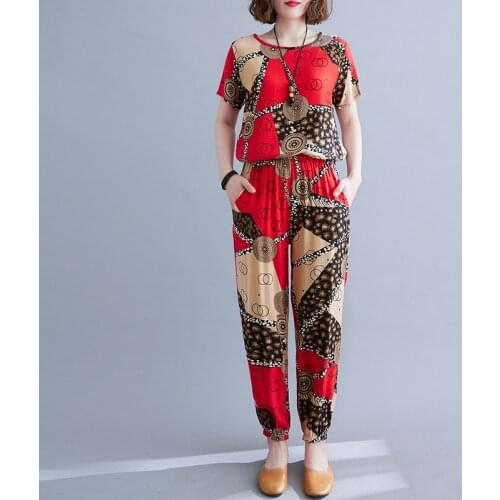 Oneck Loose Tops High Waist Harem pants Two Piece Summer Casual Set Suits Thin Soft Cotton Satin Loose Women Clothes Set