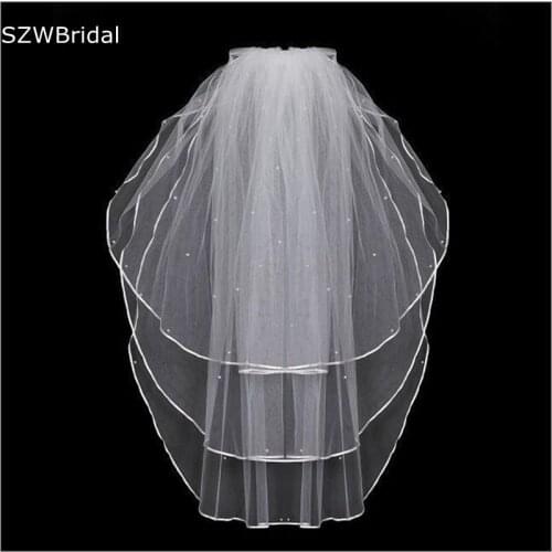 White Ivory Wedding veils Beaded Pearls Three Layer Cheap Bridal Veil Matrimonio Boda Wedding accessories 2021 mariage