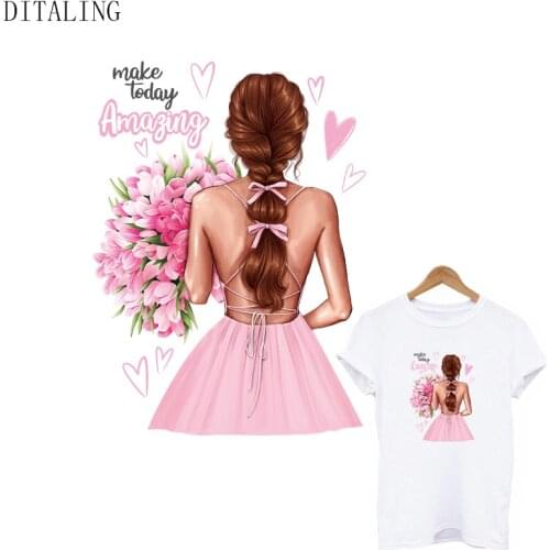 Pink Girl Flower Thermal Sticker On Clothing Iron On Transfer Patch DIY Washable Sticker On T-Shirt Hoodie Beautiful Women Patch