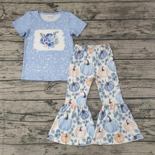 Spring/Fall Fresh and Elegant Blue Pumpkin Shirt Bell-bottom Pants Set Baby Girls Thanksgiving Set
