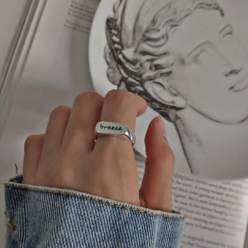 Authentic S925 Sterling Silver Fine Jewelry geometric Engraved Letter "breeze" glossy polished surface rings J278