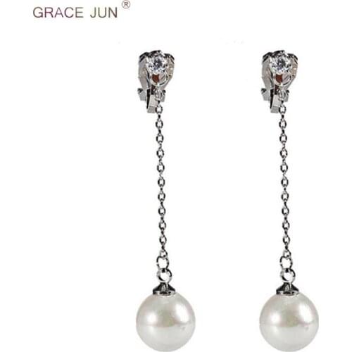 GRACE JUN Long Style Simulated Pearl Clip on Earrings for Women Girl Luxury Gorgeous Without Pierced Earrings Charm Jewelry New