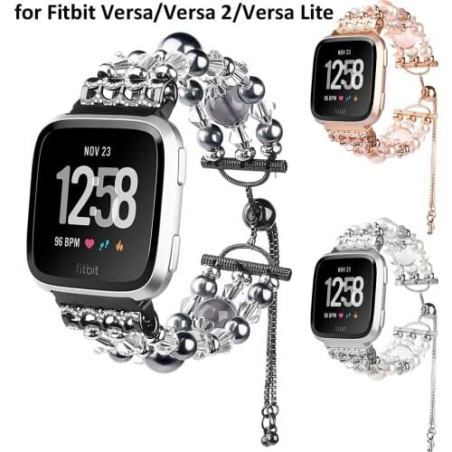 Woman Watch Band for Fitbit Versa/ Versa 2 /Versa Lite Jewelry Wrist Bands Crystal Pearl Bracelet Replacement for Girls