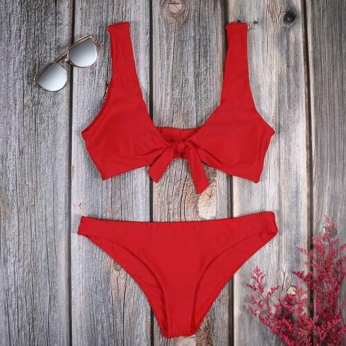 2021 New Bikini Women Swimwear Padded Bathing Suit Pure Color Split Knotted Bikini Set Beachwear Summer Brazilian Bikini