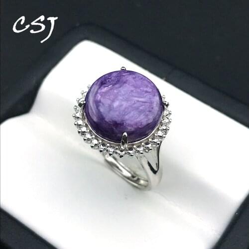 CSJ Elegant Charoit ring Round 15mm gemstone rings sterling 925 silver fine jewelry for women girl with gift box