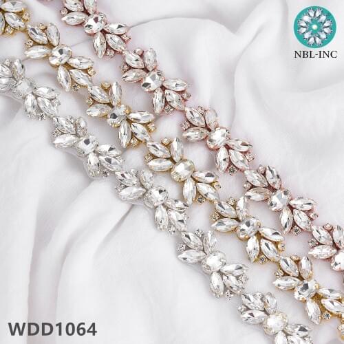 1 yard ) New bridal Silver gold crystal rhinestone applique trim gold iron on sew on for wedding dress WDD1064