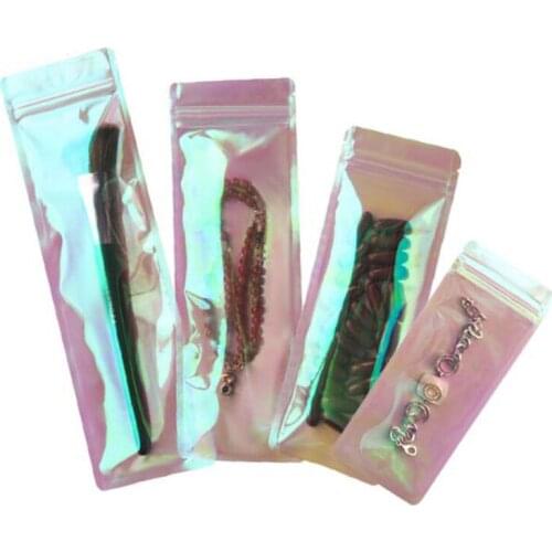 100pcs Pink Holographic Zipper Package Bags Jewelry Cosmetic Flat Pouches Laser Rectangle Mini Zip Lock Plastic Bags