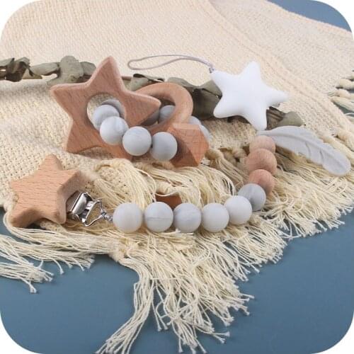 2Pcs/set Baby Pacifier Clip Holder Chain Beech Wood Clip and Wood Teething Toy Bracelet Best Gift for Newborn