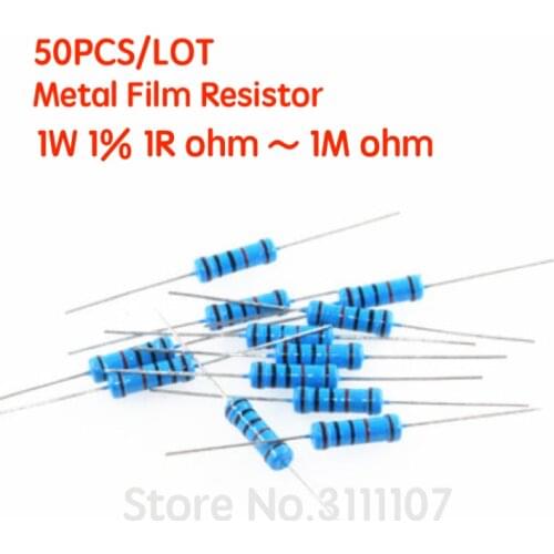 50PCS/LOT 1W 1% Metal film resistor 1% 1R ~ 1M 2R 10R 22R 47R 100R 330R 1K 4.7K 10K 22K 100K 470K 51 22 47 330 ohm resistance