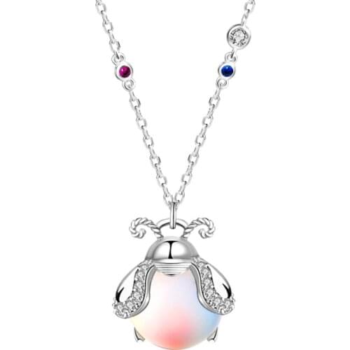 925 Sterling Silver Firefly Necklace Woman Pendant Moonstone Insect Necklace Clavicle Chain Colored Gemstone