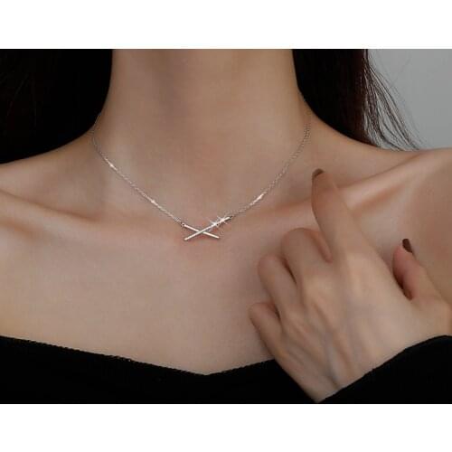 Fashion Rhinestone Intersect Pendant Necklace For Women Aesthetic S925 Silvering Neck Chain Choker Jewelry Initial Charms Gift