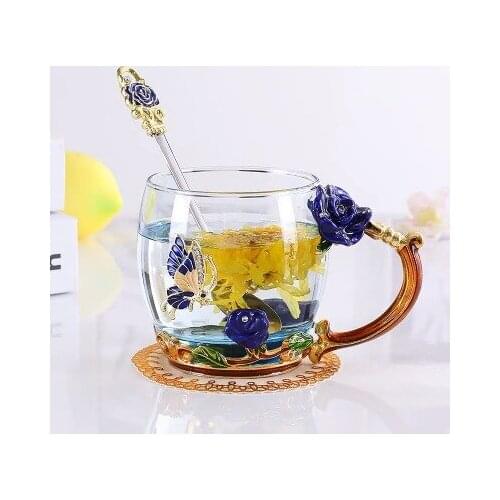 Li Qing Factory Wholesale Handmade Enamel Flower Wedding Gift Box Red Rose Tea Glass Cup Set