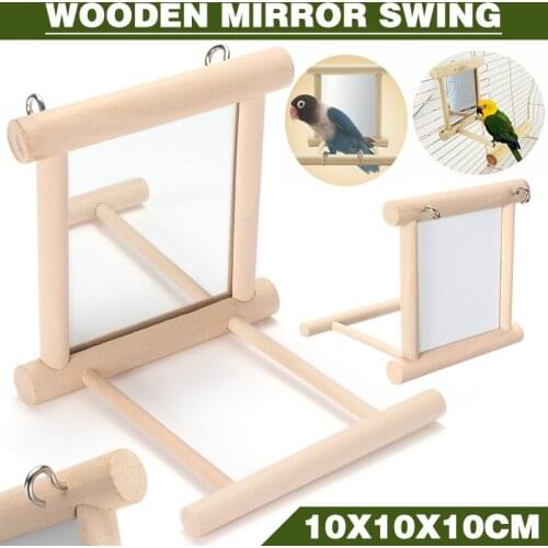 1pc Wooden Mirror Swing Bird Perch Toy Wooden Hanging Swing for Parrot On Cage Swing Play 10x10x10cm