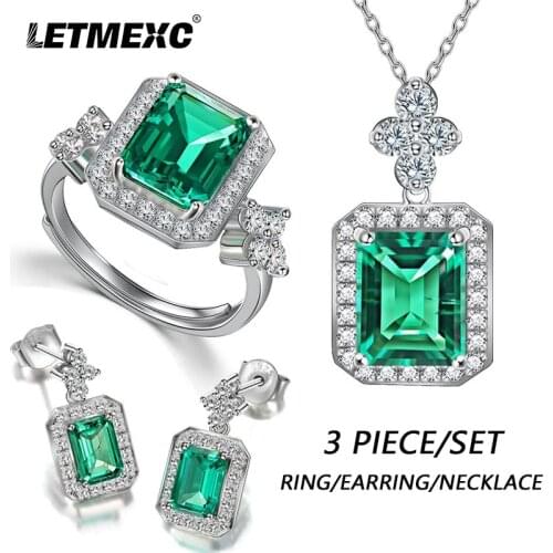 LETMEXC Colombian Emerald Jewelry Ring Pendant Earring Set Moissanite Gemstones 925 Silver Platinum Plated