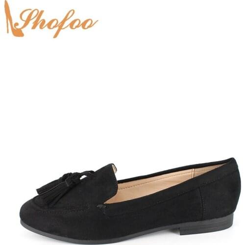Black Fringe Round Toe Flats Woman Slip On Loafers Large Size 14 16 Ladies Fashion Tassel Accents Casual Mature Shoes Shofoo