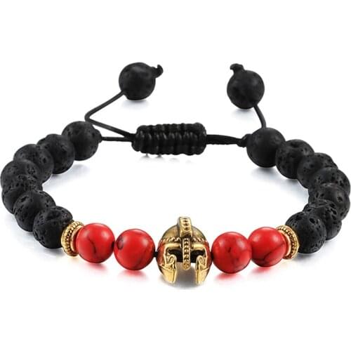 Men Bracelets 8MM Black Lava Stone Hematite Beads Red Natural Roman Warrior Gladiator Helmet Bracelet Women Yoga Elastic Jewelry
