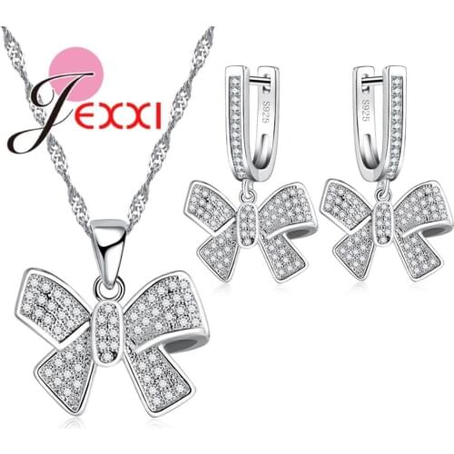 925 Sterling Silver Jewelry Set for Women Wedding Engagement Bowknot Clear Zircon Necklace Earrings Set Ladies Bijoux