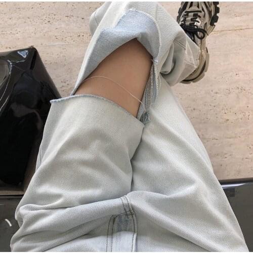 New sharded jeans fashionable street high waist straight tube loose wide legs slim casual thin dad pants women 0711