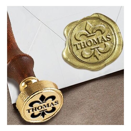 Personalized Custom Wax Seal Stamp with Name on 1" Die-#2260 Times Roman Font with Name in Split Fleur de Lys